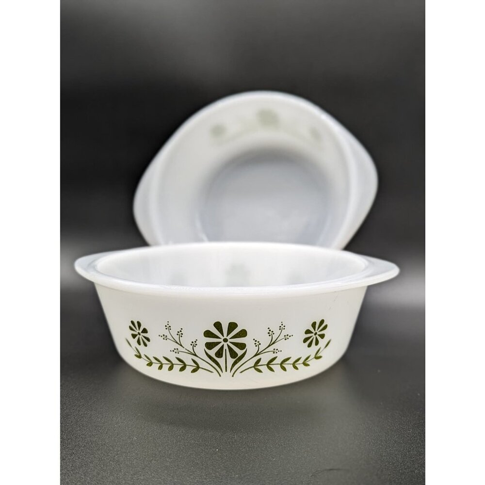 1960's Vintage Glasbake Green Daisy 1 1/2 QT J2600 Bakeware Serving Dish 2pc